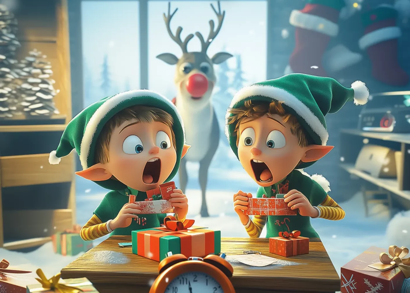 Affiche de La Folle Épopée de Noël avec deux lutins dans un décor enneigé.