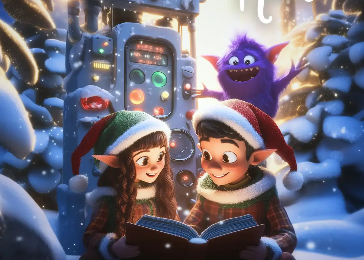 Affiche de Mission Conte de Noël avec deux lutins dans un décor de Noël.